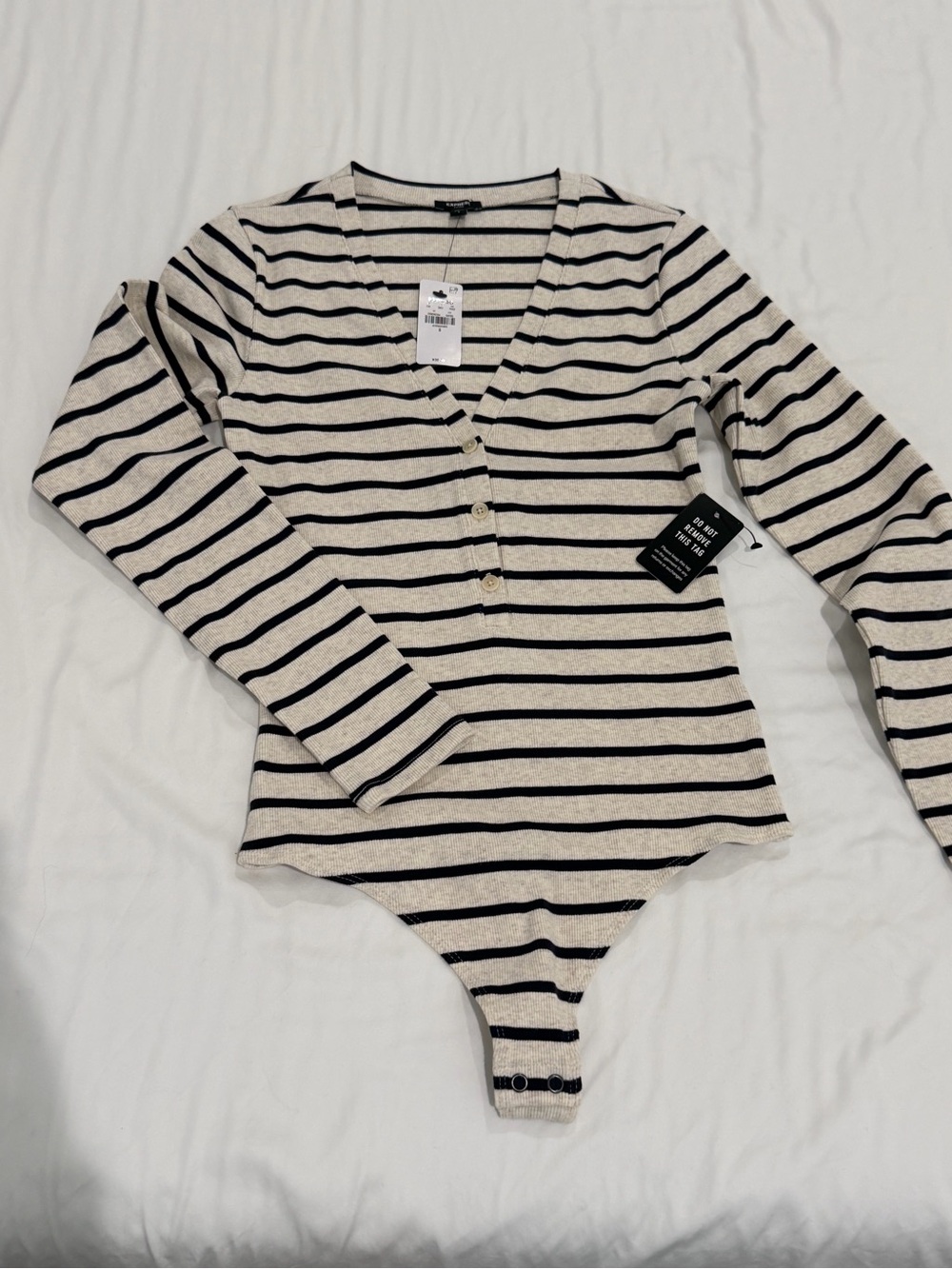 Express Cream and Black Striped Long-Sleeve Henley Bodysuit